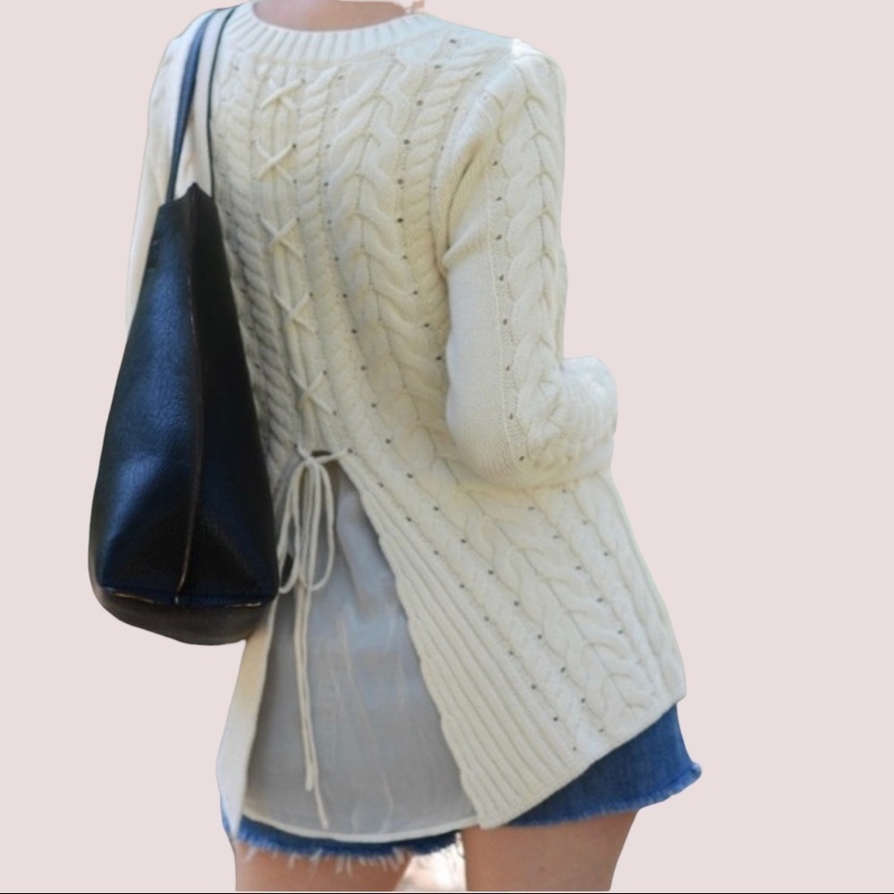 CAbi‎ Ivory Cable Knit Lace Back Sweater Style 3157